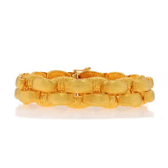 Yellow Gold Link Bracelet 7 3/4" - 18k Brushed & Etched